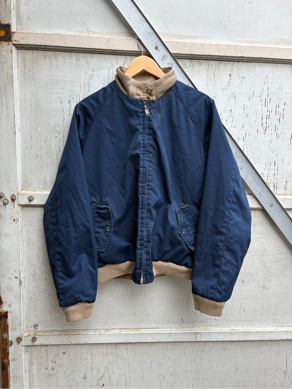 Vintage 90s Derby of San Francisco Men's Navy Tan Reversible Bomber Jacket M